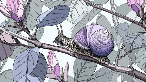 Papier peint escargot et fleurs Un escargot aux teintes violettes parmi des feuilles délicates