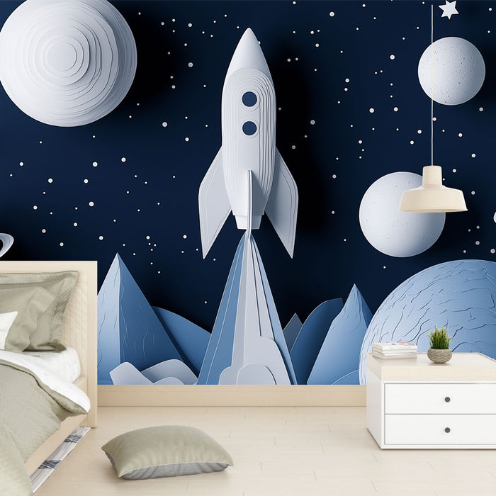 Papier peint espace bleu et blanc avec fusée et planètes pour chambre d'enfant