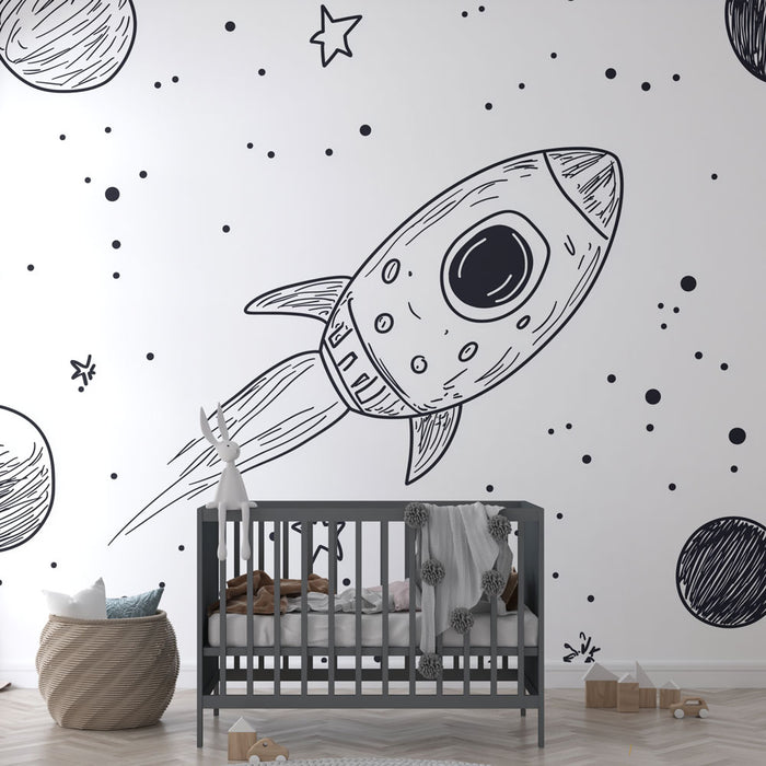 Papier peint espace avec fusée et planètes dessinées à la main pour chambre d'enfant.