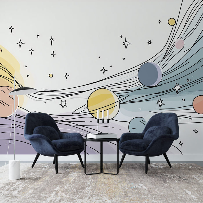 Un salon contemporain avec un papier peint illustrant un univers coloré, où des planètes et des étoiles flottent sur un fond pastel apaisant.