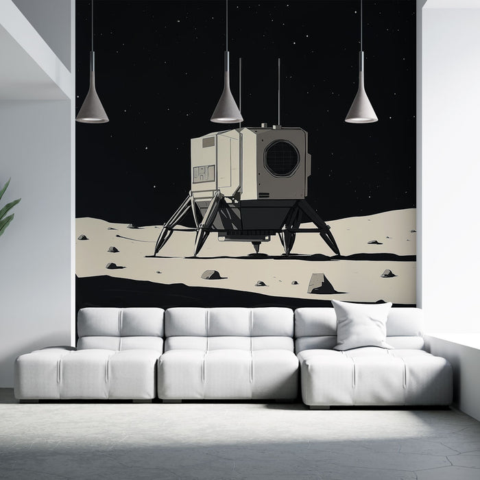 Un salon moderne avec un papier peint illustrant un module lunaire sur fond noir étoilé, créant une atmosphère futuriste et captivante.