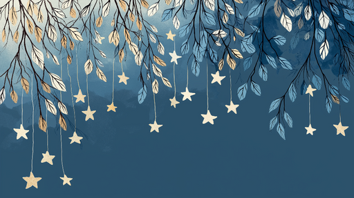 Papier peint étoilé avec feuillage Feuilles délicates et étoiles suspendues sur fond bleu