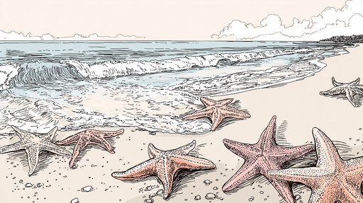 Papier peint étoiles de mer Paysage côtier apaisant avec des étoiles de mer colorées sur la plage