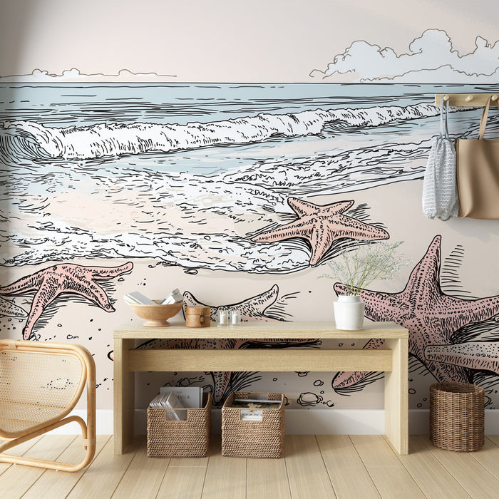 Une pièce lumineuse avec un papier peint illustrant une plage paisible, des étoiles de mer et des vagues stylisées sur un fond pastel apaisant.