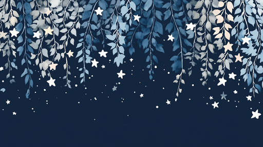 Papier peint étoiles et feuillage Un délicat motif de feuilles bleues et étoiles sur fond nuit