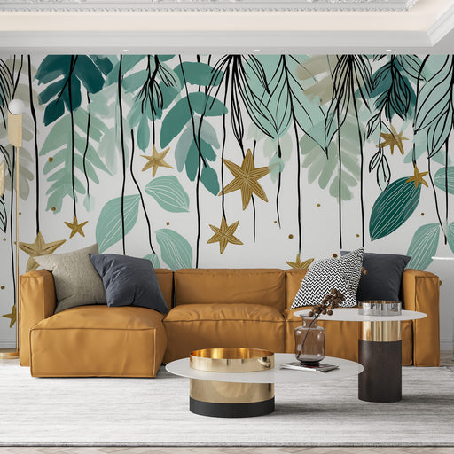 Un salon contemporain avec un papier peint tropical aux grandes feuilles vertes et étoiles dorées sur fond clair, créant une ambiance fraîche et vivante.