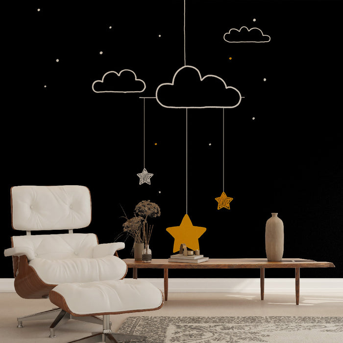 Une chambre moderne avec un papier peint noir illustrant des nuages et des étoiles suspendues, créant une ambiance rêveuse et apaisante.