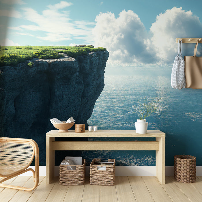Une pièce moderne avec un papier peint représentant une falaise verdoyante surplombant une mer calme, créant une ambiance sereine et naturelle.