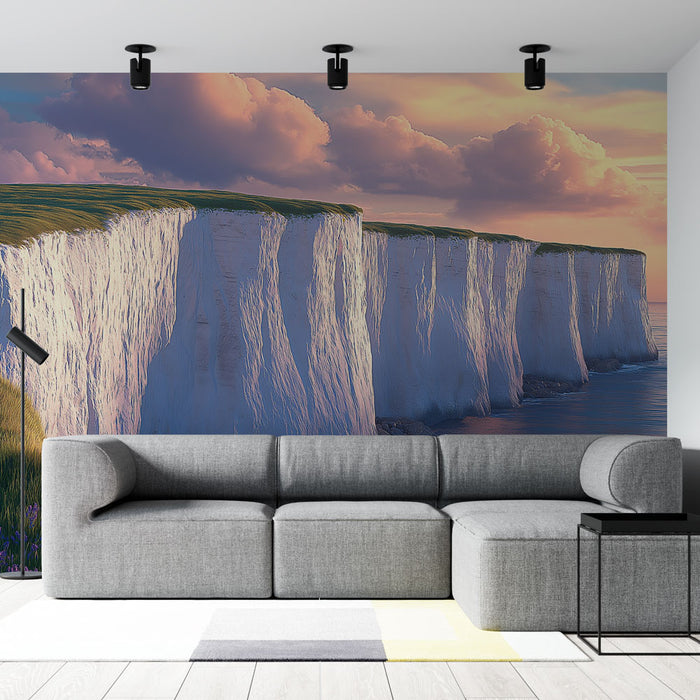 Un salon moderne avec un papier peint représentant des falaises blanches sous un ciel pastel, créant une atmosphère apaisante et naturelle.