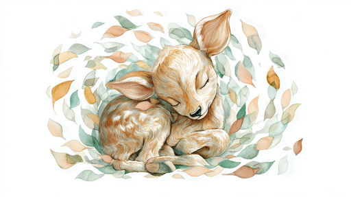 Papier peint faon endormi Un adorable faon entouré de feuilles délicates