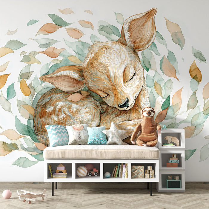 Une chambre d'enfant avec un papier peint illustrant un faon endormi entouré de feuilles pastel, créant une atmosphère douce et apaisante.