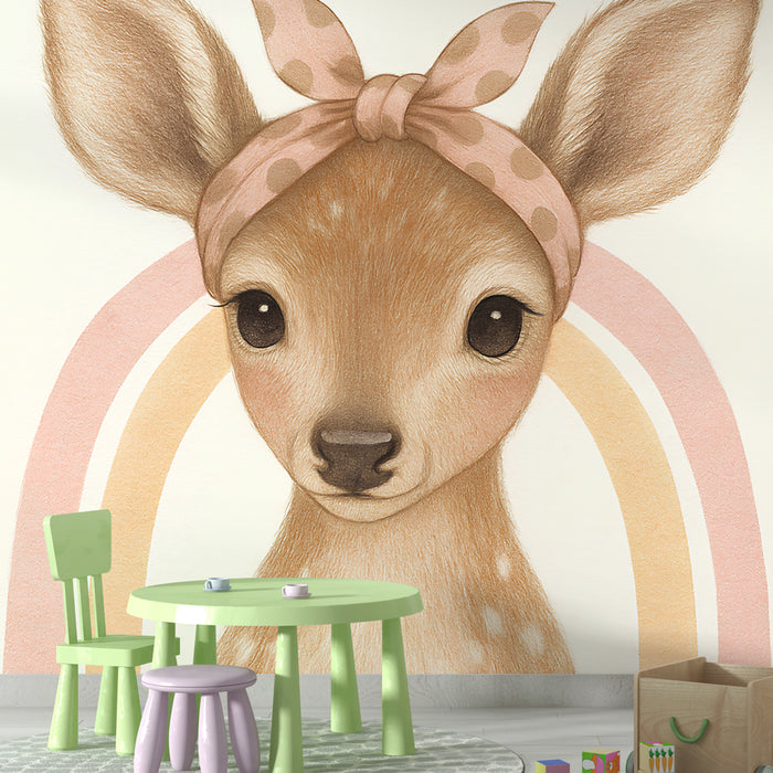 Une chambre d'enfant avec un papier peint illustrant un adorable faon au regard doux, entouré de couleurs pastel et d'un arc-en-ciel apaisant.
