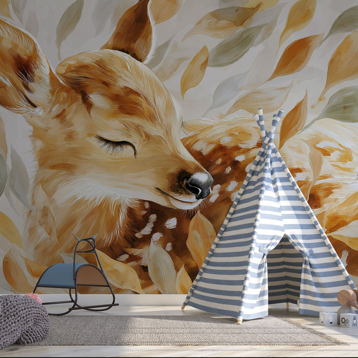 Une chambre d'enfant avec un papier peint illustrant un faon endormi entouré de feuilles aux teintes douces, créant une ambiance sereine et chaleureuse.