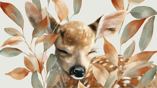 Papier peint faon Un adorable faon endormi entouré de feuilles pastel
