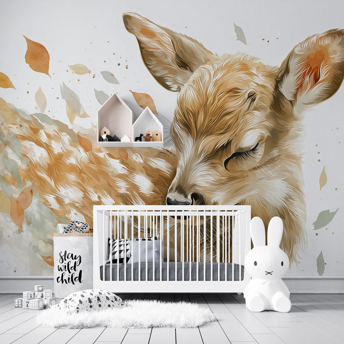 Une chambre d'enfant avec un papier peint illustrant un faon délicat, aux teintes douces et naturelles, créant une atmosphère apaisante et chaleureuse.