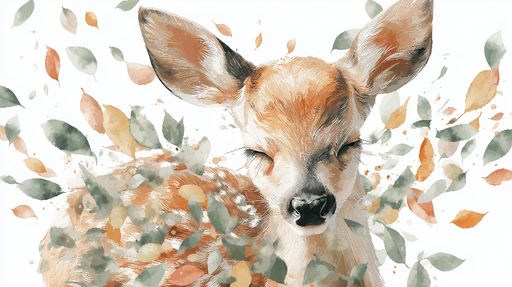 Papier peint faon Un mignon faon entouré de feuilles délicates et colorées