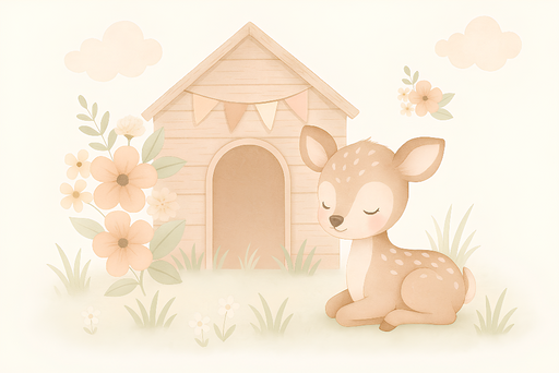 Papier peint faune douce Un faon paisible devant sa maisonnette en bois