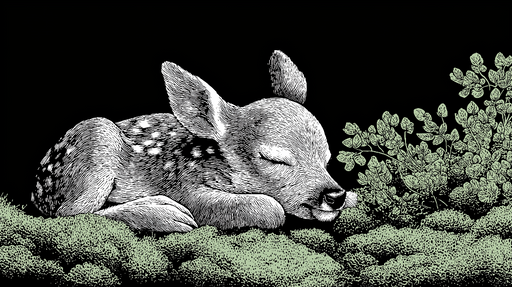 Papier peint faune Faon endormi sur un lit de mousse verte
