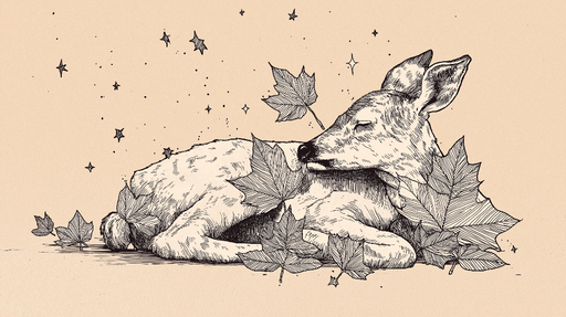 Papier peint faune Illustration d'un faon endormi entouré de feuilles et d'étoiles