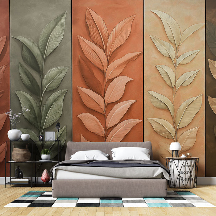 Une chambre moderne avec un papier peint texturé représentant de grandes feuilles en relief dans des teintes chaudes et naturelles, créant une atmosphère accueillante et apaisante.