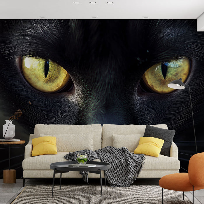 Un salon contemporain avec un papier peint représentant de grands yeux de chat noir aux reflets dorés, créant une atmosphère intrigante et captivante.