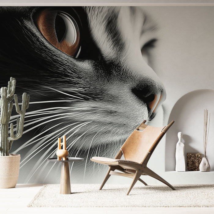 Papier peint félin | Gros plan sur un chat noir et blanc élégant