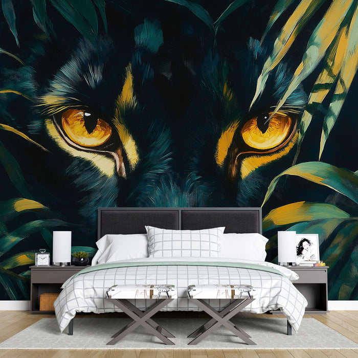 Papier peint félin avec regard intense d'une panthère parmi les feuillages pour chambre moderne