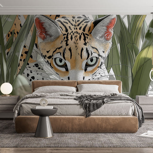 Papier peint félin avec tigre observant dans la végétation luxuriante pour chambre moderne.