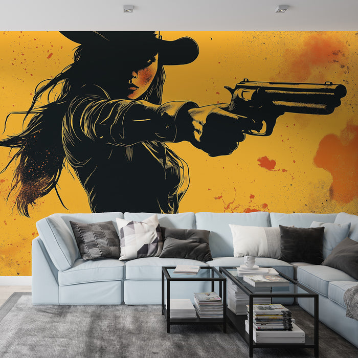 Un salon contemporain avec un papier peint illustrant une femme au chapeau noir pointant une arme sur fond jaune éclatant, dégageant une ambiance dynamique et audacieuse.