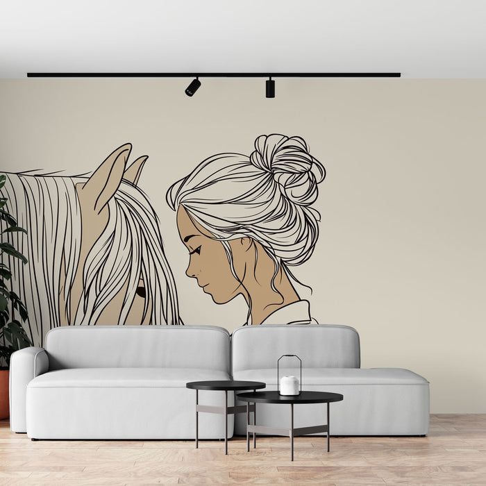 Une pièce moderne avec un papier peint illustratif représentant une femme et un cheval en silhouette sur fond beige, créant une atmosphère douce et artistique.