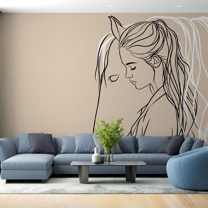 Un salon moderne avec un papier peint mural représentant un dessin linéaire d'une femme et d'un cheval sur fond beige, créant une ambiance artistique et apaisante.