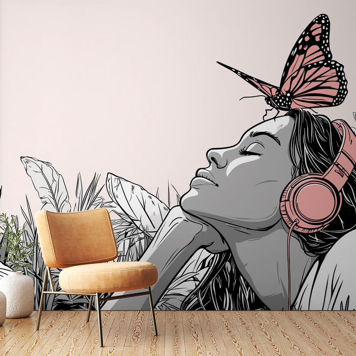 Une chambre moderne avec un papier peint artistique représentant une femme rêveuse, entourée de feuilles et d'un papillon, créant une ambiance relaxante et inspirante.