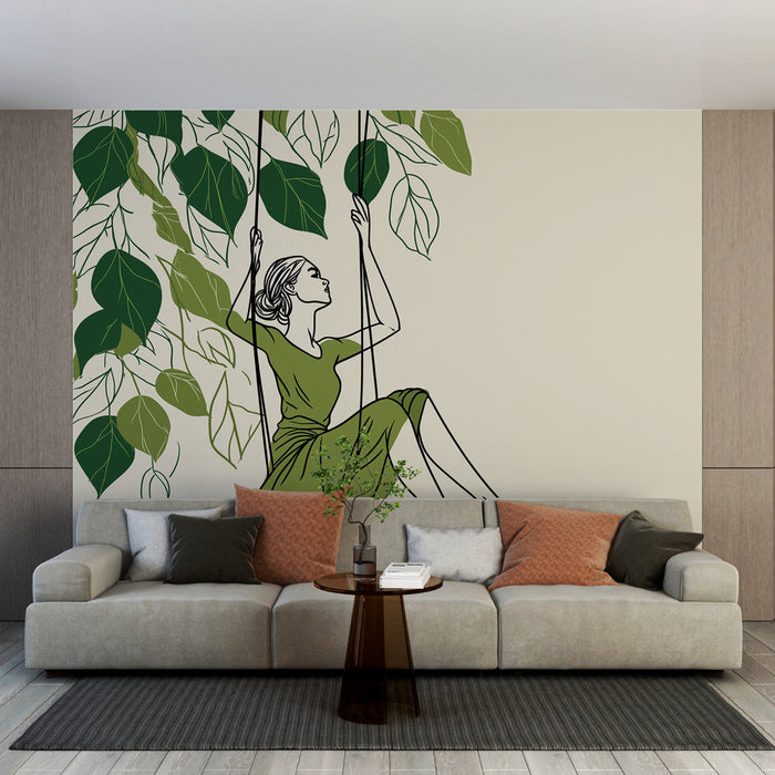 Un salon contemporain avec un papier peint illustratif représentant une femme sur une balançoire entourée de feuillages verts, créant une atmosphère apaisante et naturelle.