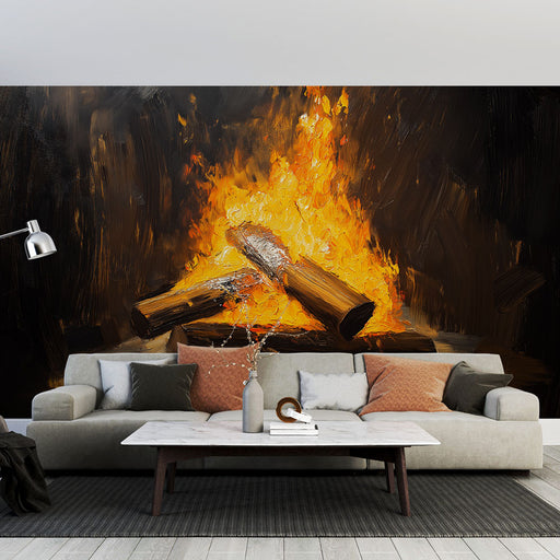 Papier peint feu de bois avec flammes pour une ambiance chaleureuse et réconfortante dans le salon