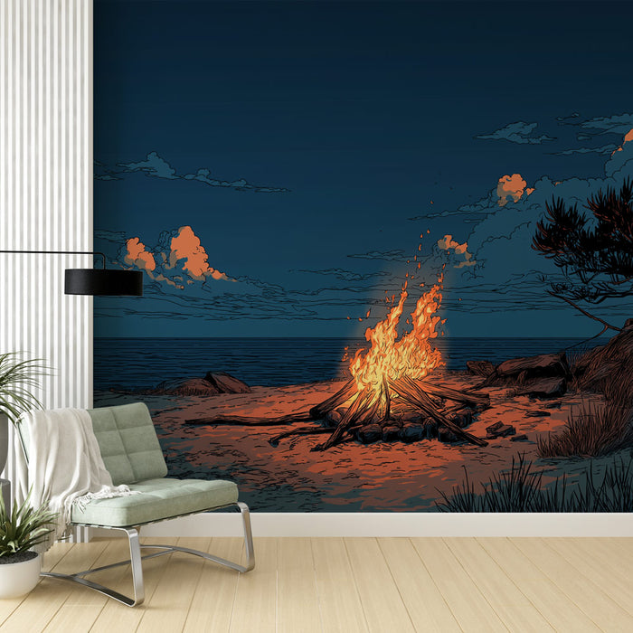 Une pièce moderne avec un papier peint illustrant un feu de camp sur la plage au crépuscule, dégageant une atmosphère chaleureuse et apaisante.