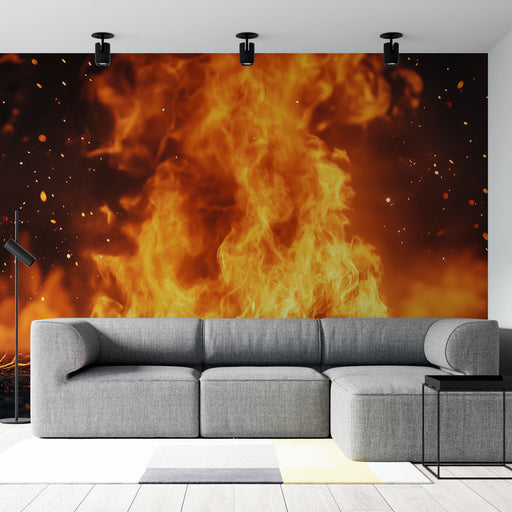 Papier peint feu flamme ardente avec éclats scintillants pour salon moderne
