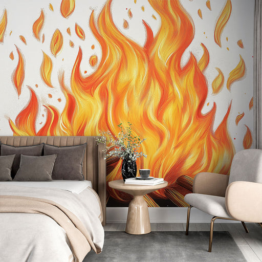Papier peint feu avec flammes vibrantes et bûches en bois pour décoration murale de salon moderne