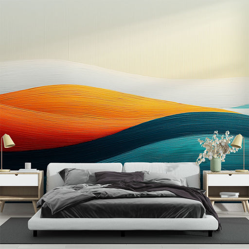 Papier peint abstrait avec motifs ondulés aux teintes chaudes et froides pour chambre moderne