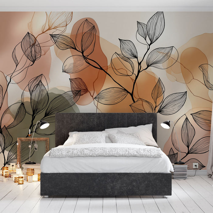 Une chambre moderne avec un papier peint aux motifs de feuilles délicates en noir sur un fond aux teintes douces et chaudes, créant une atmosphère apaisante et élégante.