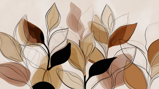 Papier peint feuillage abstrait Feuilles aux nuances chaudes et lignes délicates