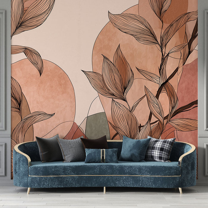 Un salon élégant avec un papier peint aux motifs de feuilles stylisées sur un fond rose doux, créant une ambiance chaleureuse et artistique.