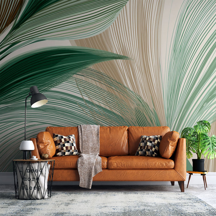 Un salon moderne avec un papier peint tropical aux grandes feuilles vertes et beiges créant une atmosphère chaleureuse et apaisante.