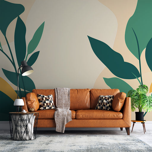 Un salon moderne avec un papier peint abstrait aux formes organiques et couleurs vertes et beige, créant une atmosphère apaisante et naturelle.