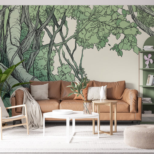 Un salon moderne avec un papier peint illustrant des feuillages stylisés en vert sur fond clair, créant une atmosphère naturelle et apaisante.