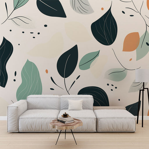 Papier peint feuillage abstrait avec motifs de feuilles colorées sur fond clair pour salon moderne.