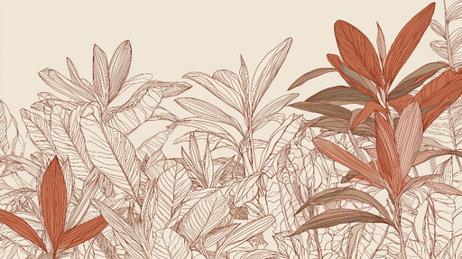 Papier peint feuillage abstrait Motifs de feuilles en lignes et teintes terracota