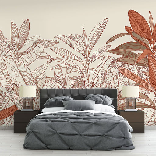 Une chambre moderne avec un papier peint aux motifs de feuilles stylisées en rouge et beige, créant une ambiance chaleureuse et naturelle.