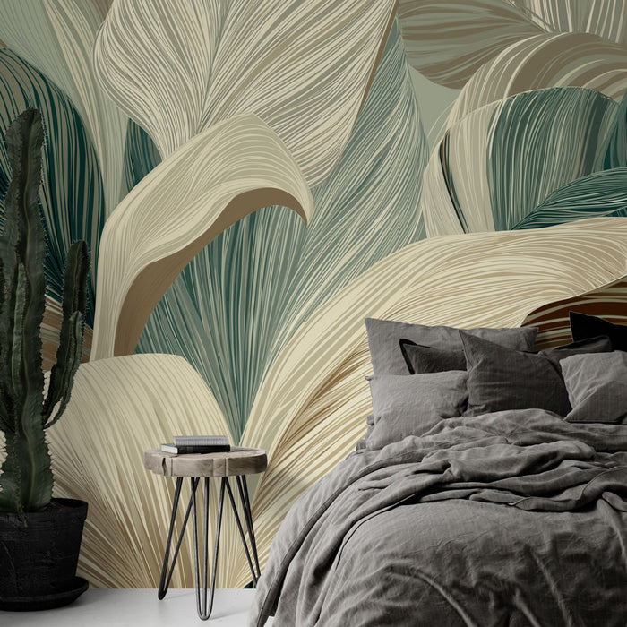 Une chambre moderne avec un papier peint aux motifs de grandes feuilles stylisées dans des teintes vertes et beige, créant une ambiance naturelle et apaisante.