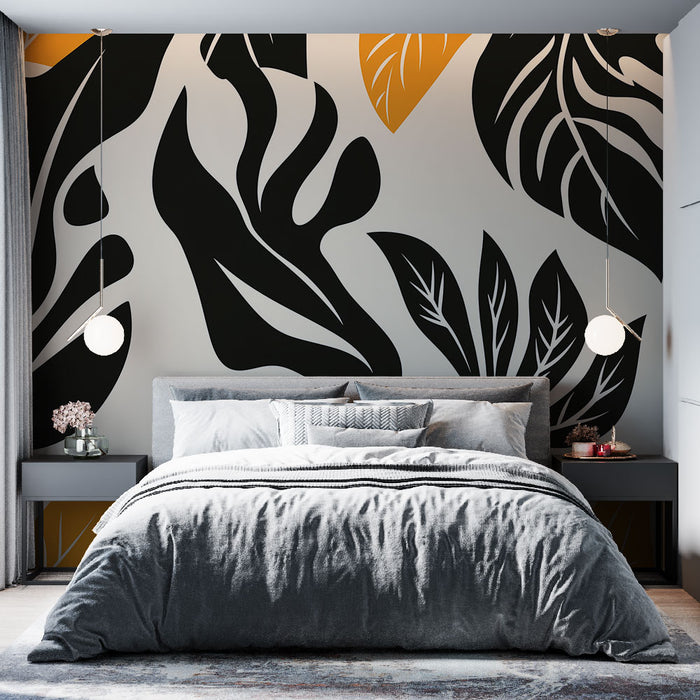 Papier peint feuillage abstrait avec motifs de feuilles noires et orange sur fond clair pour chambre moderne