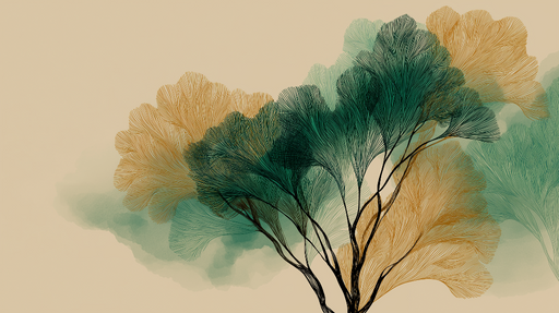 Papier peint feuillage abstrait Motifs de feuilles vertes et dorées sur fond beige